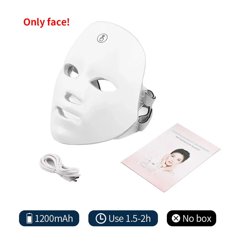 White LED face mask with charging cable and user manual on a white background