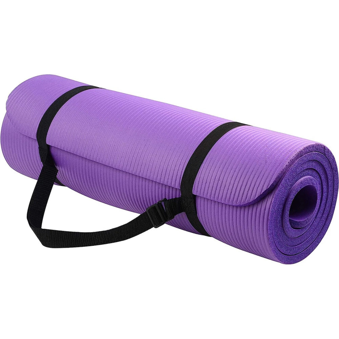 Purple yoga mat with a black carrying strap on a white background