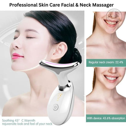 Professional skin care facial and neck massager with before and after effects on a woman's neck.