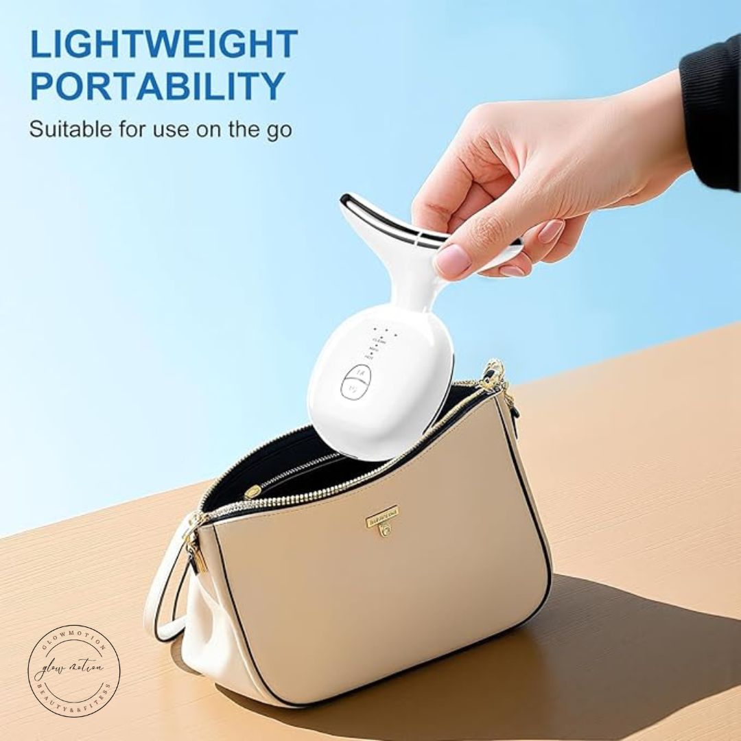 Hand placing a white device into a beige handbag with a blue background and text about lightweight portability.