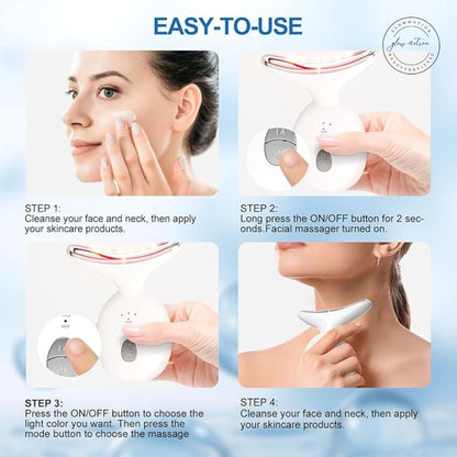 Instructions for using a facial massager with step-by-step guide on a light blue background.