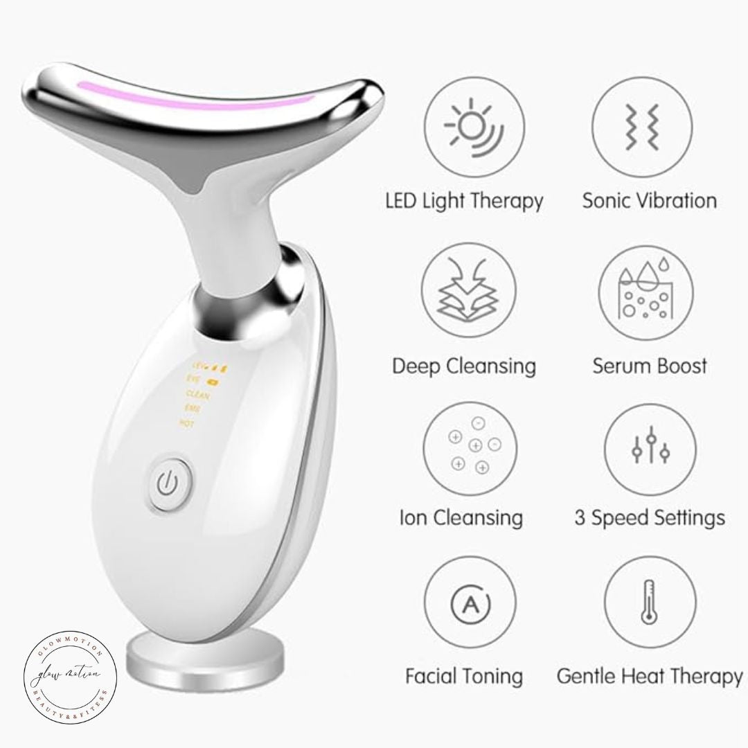 Beauty device with LED light therapy, sonic vibration, and other functions on a white background