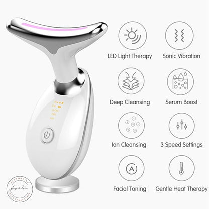 Beauty device with LED light therapy, sonic vibration, and other functions on a white background