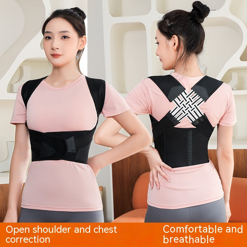 Woman wearing a black posture corrector with text highlighting features