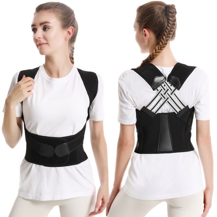 Person wearing a black posture corrector with front and back views on a white background