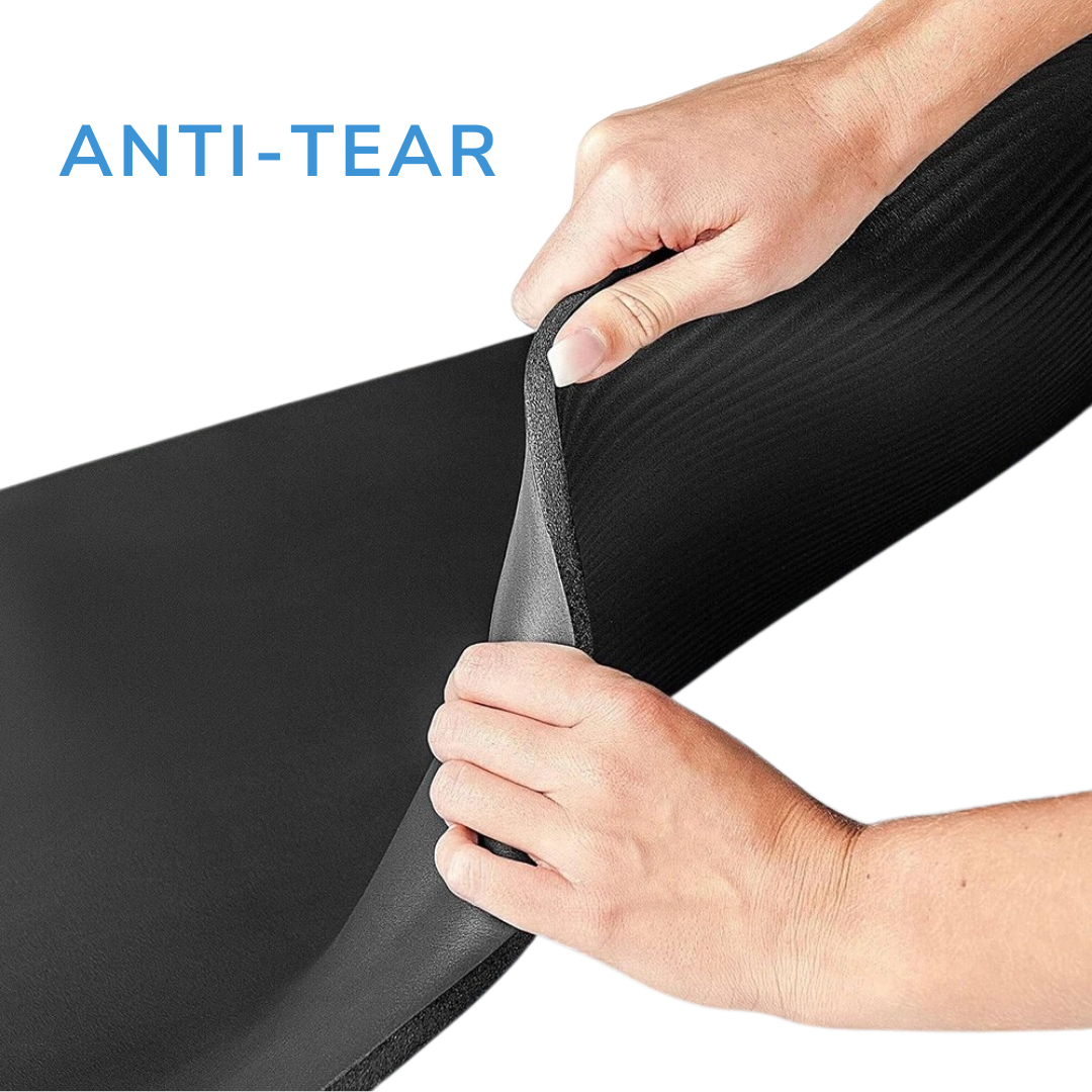 Person stretching anti-tear black Best Non-Slip Yoga Mat with 'ANTI-TEAR' text above.