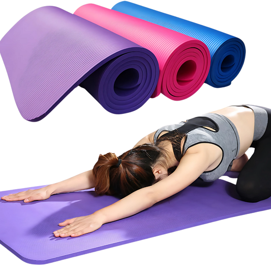 Purple Best Non-Slip Yoga Mat with a woman stretching, surrounded by other colored mats on a white background