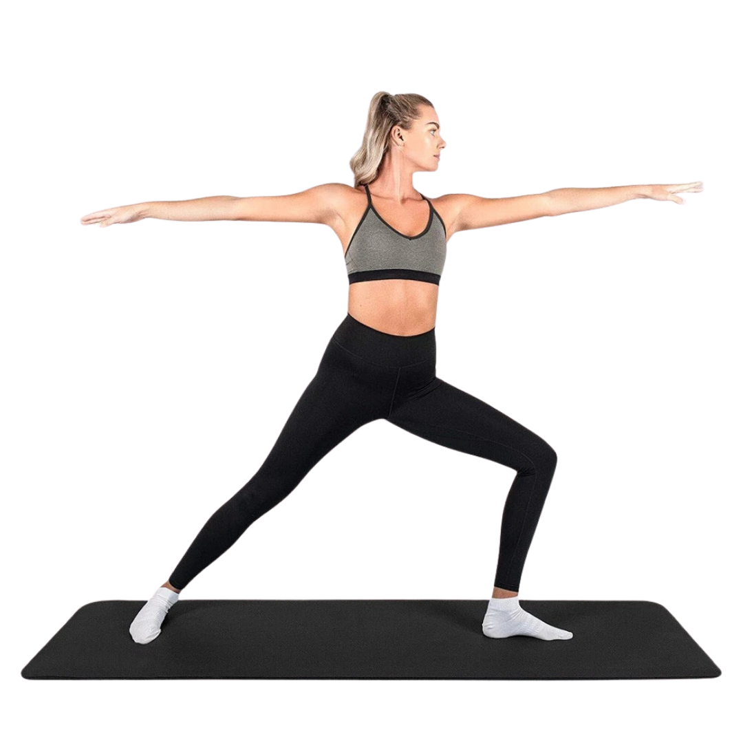 Woman in a yoga pose on a Best Non-Slip Yoga Mat black with a white background
