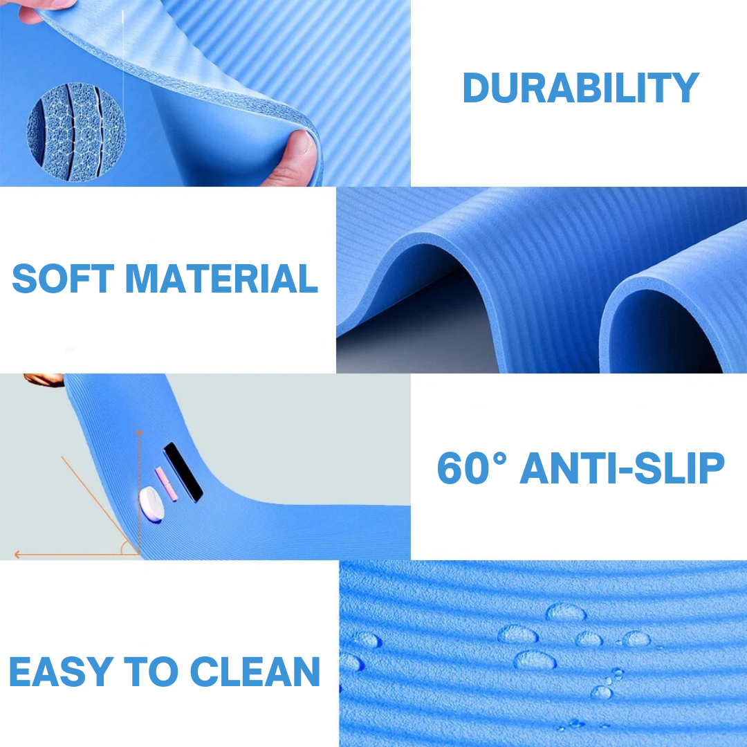Blue Best Non-Slip Yoga Mat with durability, soft material, 60° anti-slip, and easy to clean features highlighted.