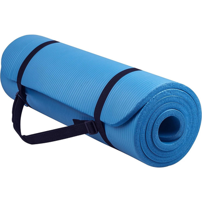 Blue Best Non-Slip Yoga Mat with a black strap on a white background