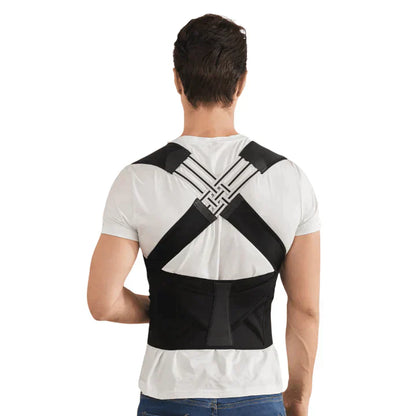 Person wearing a black posture corrector on a white background