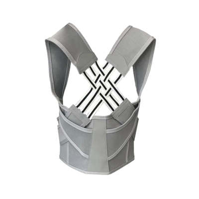 Gray back brace with a criss-cross design on a white background