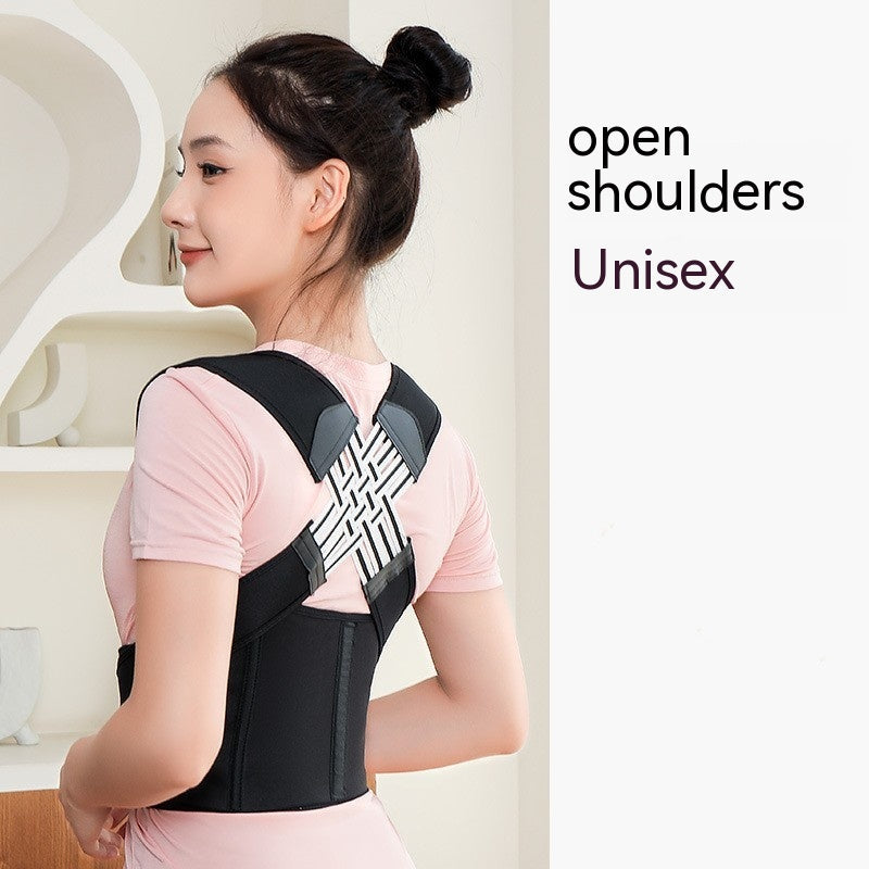 Person wearing a black posture corrector with text 'open shoulders Unisex' on a white background