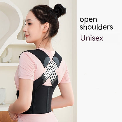 Person wearing a black posture corrector with text 'open shoulders Unisex' on a white background