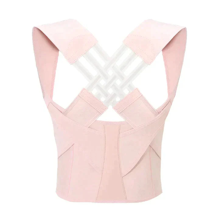 Pink corset-style top with criss-cross back design on a white background