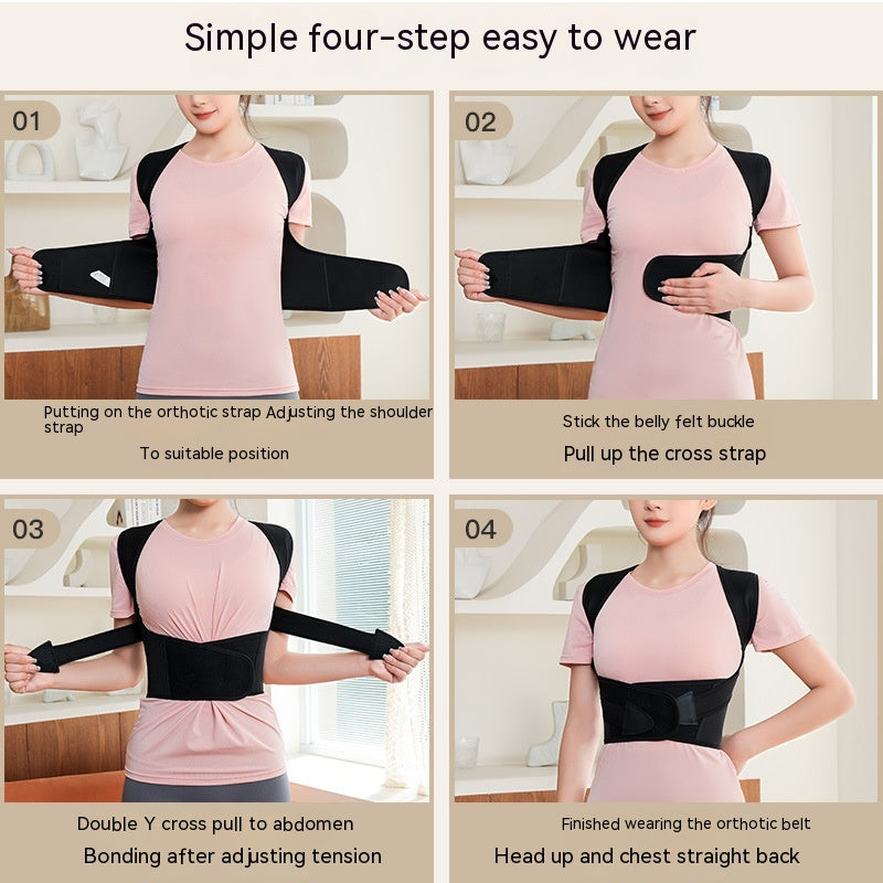 Step-by-step guide on how to wear an orthotic belt with a person demonstrating each step.