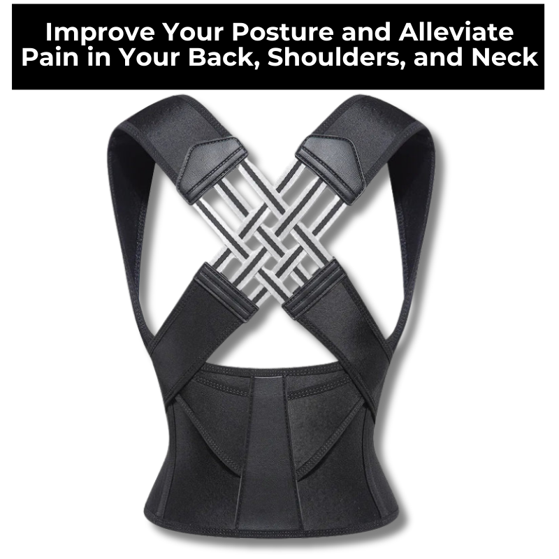 Black posture corrector with text on a white background