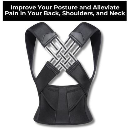 Black posture corrector with text on a white background