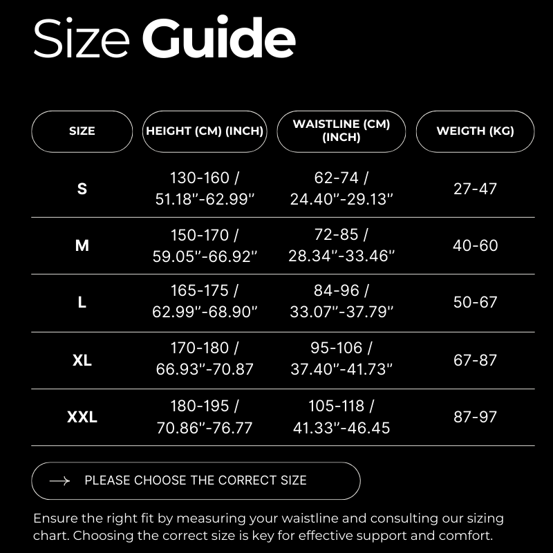 Size guide chart for clothing with height, waistline, and weight measurements.