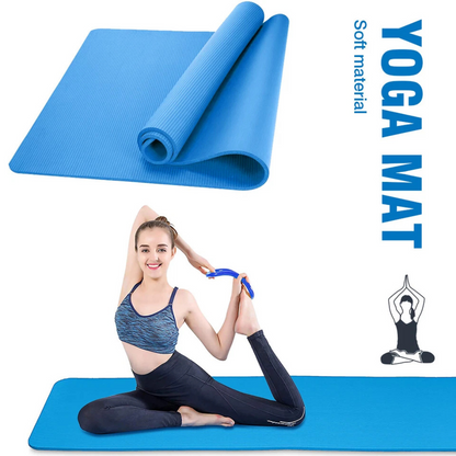 Blue Best Non-Slip Yoga Mat with a person practicing yoga on it, featuring text 'Yoga Mat' and 'Soft material'.
