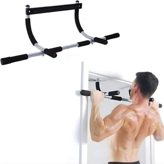 Doorway Pull-Up Bar with a man using it for exercise on a white background