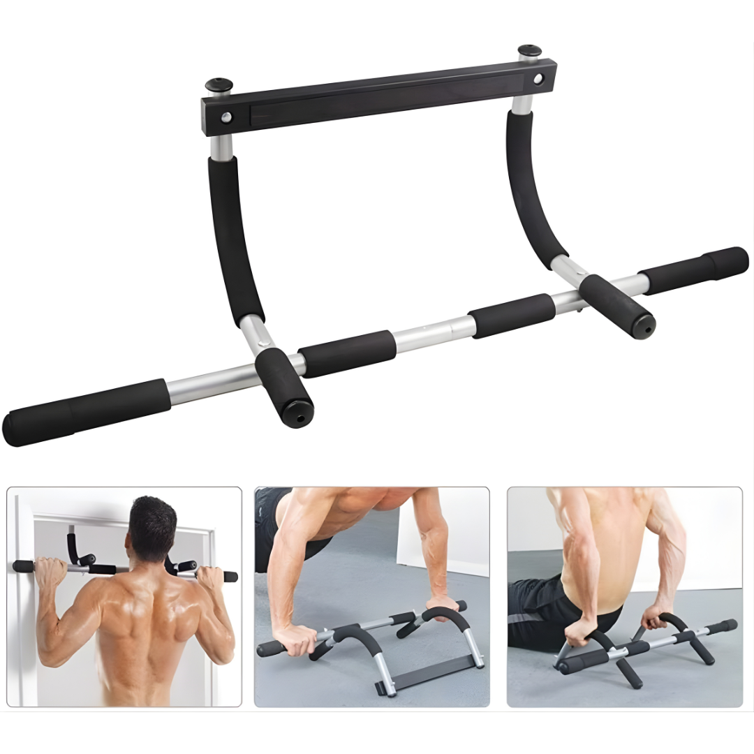 Doorway Pull-Up Bar with additional support structure on a white background, showing usage examples.