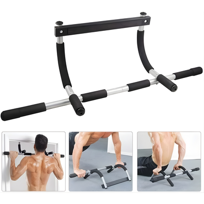 Doorway Pull-Up Bar with additional support structure on a white background, showing usage examples.