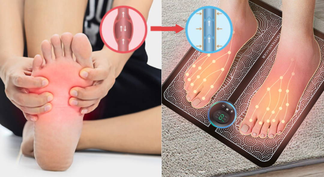 Split image showing a person with foot pain and a device being used on feet.