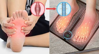 Split image showing a person with foot pain and a device being used on feet.