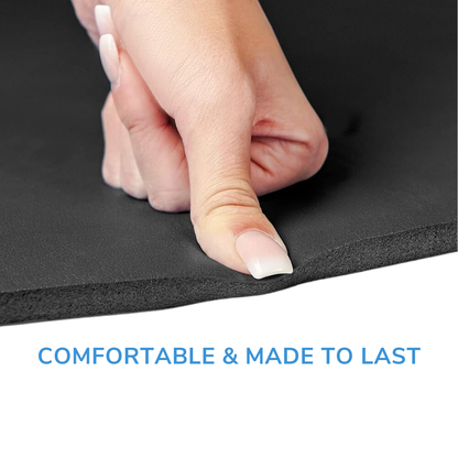Hand pressing down on a black Best Non-Slip Yoga Mat with text 'Comfortable & Made to Last' below.