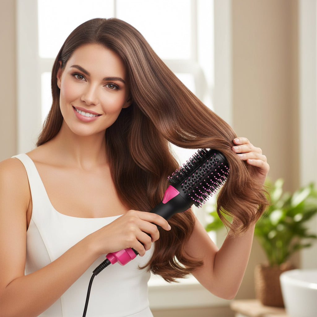 Black and pink hair styling brush on a white background