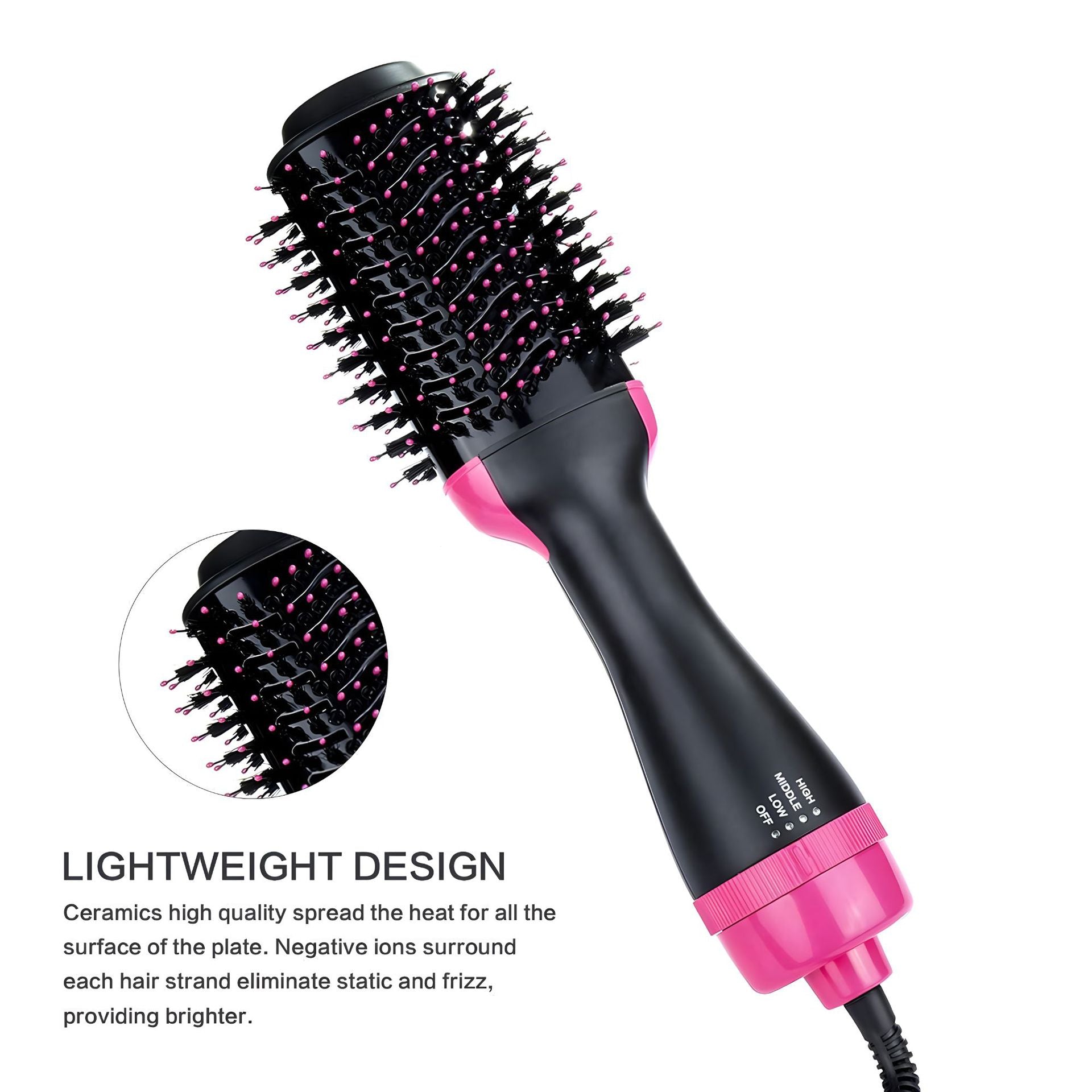 Black and pink hair styling tool with text on a white background