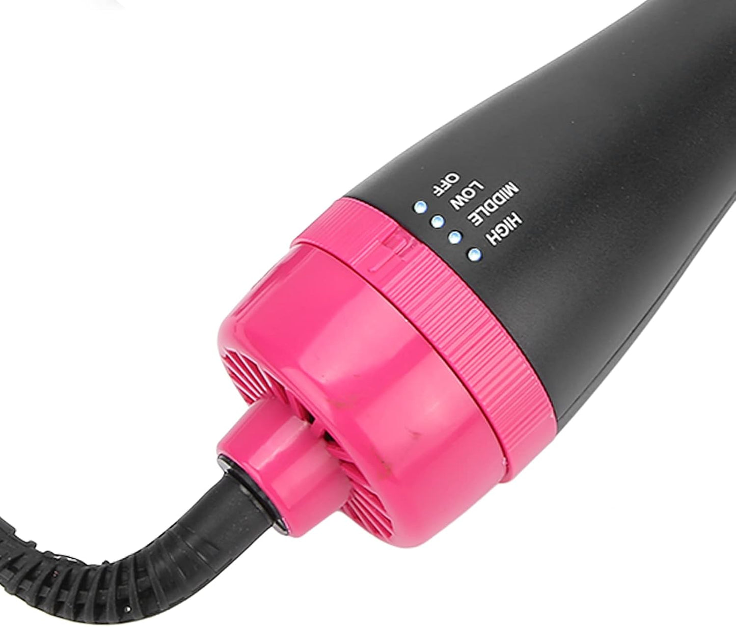 Black and pink hair dryer with visible brand name on a white background