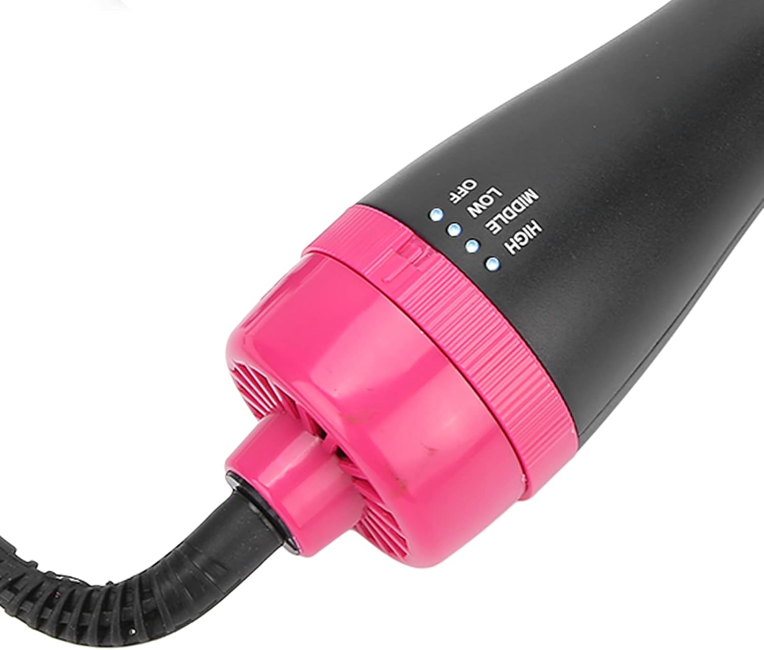 Black and pink hair dryer with visible brand name on a white background