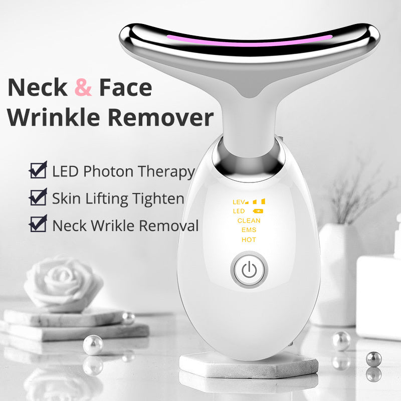 Neck and face wrinkle remover device with LED Photon Therapy on a white background