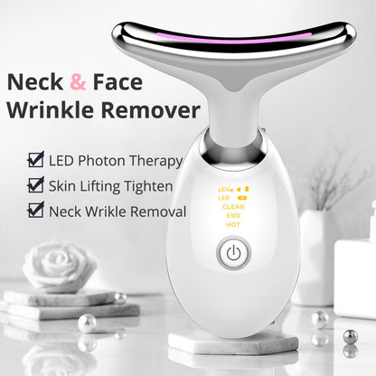 Neck and face wrinkle remover device with LED Photon Therapy on a white background