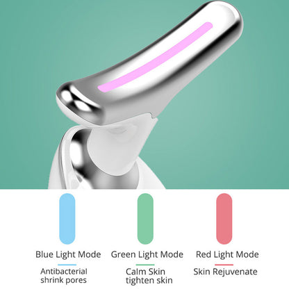 Skin care device with LED lights for different modes on a teal background