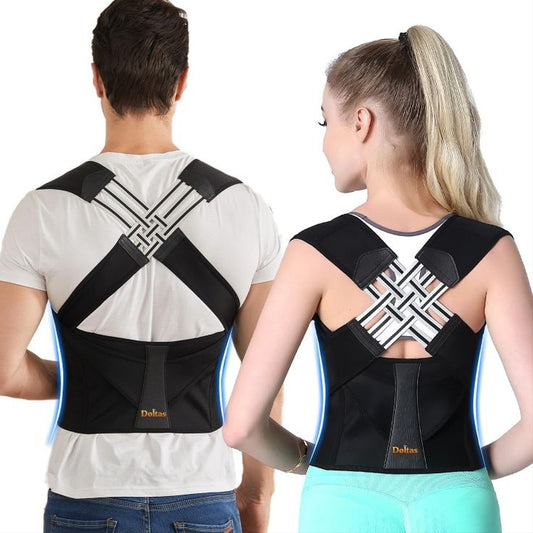 Two people wearing black posture correctors on a white background