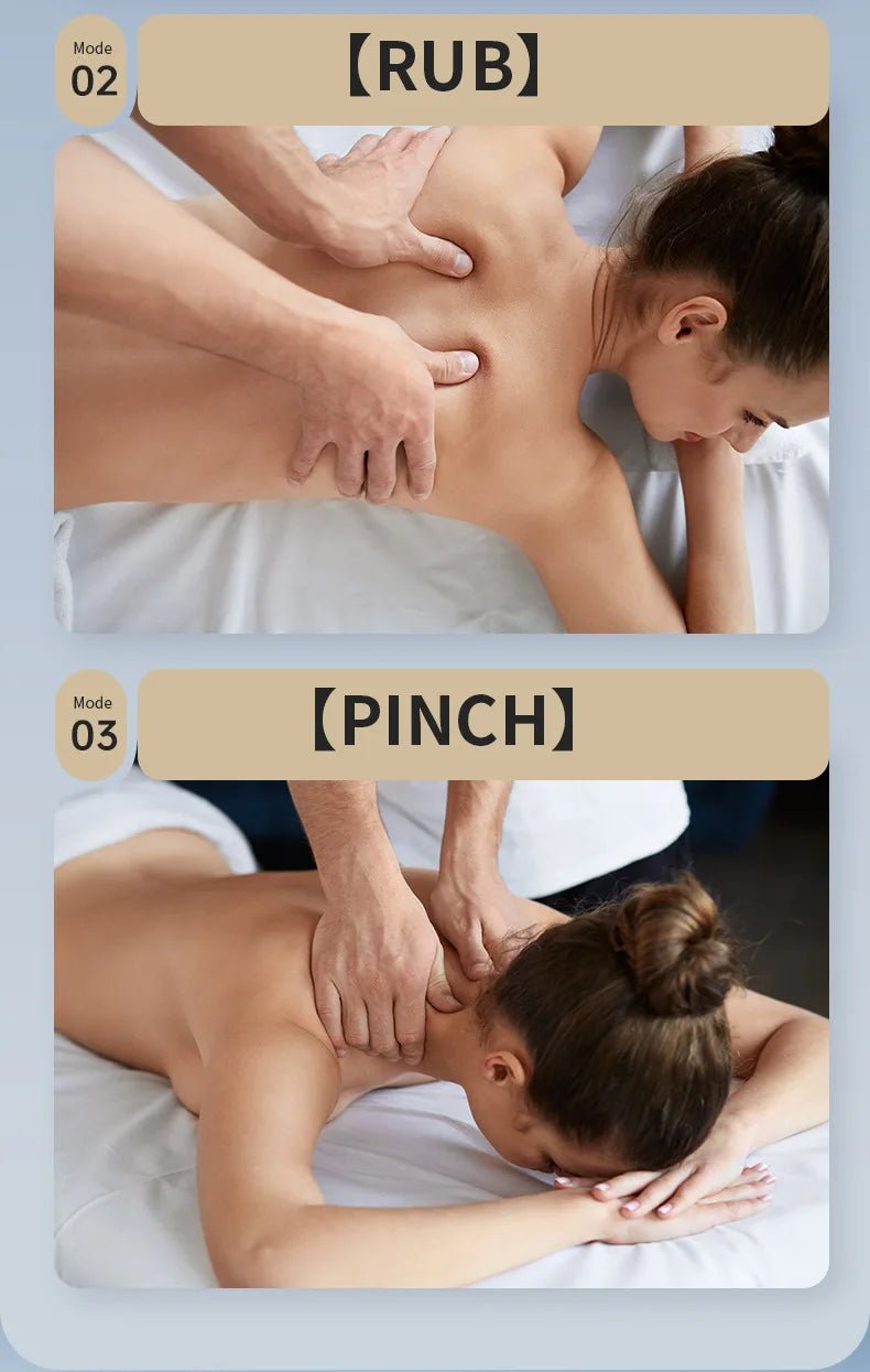 Two images showing massage techniques labeled 'Rub' and 'Pinch' on a light blue background.
