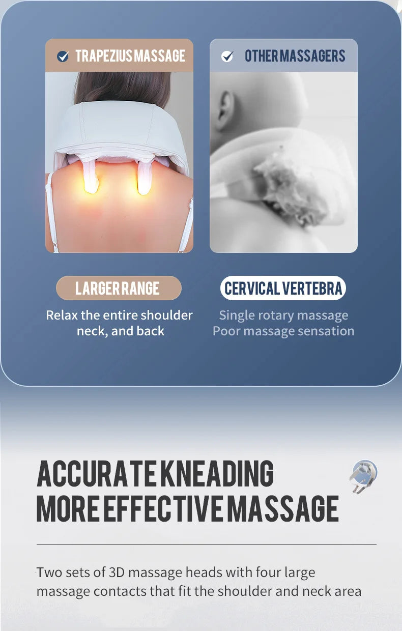Advertisement for massage device with images of massage application and text describing features.