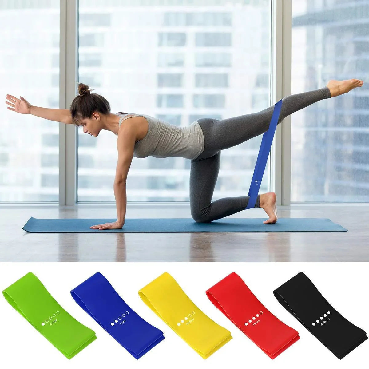 Woman exercising with a resistance band in a bright room, with additional resistance bands displayed below.