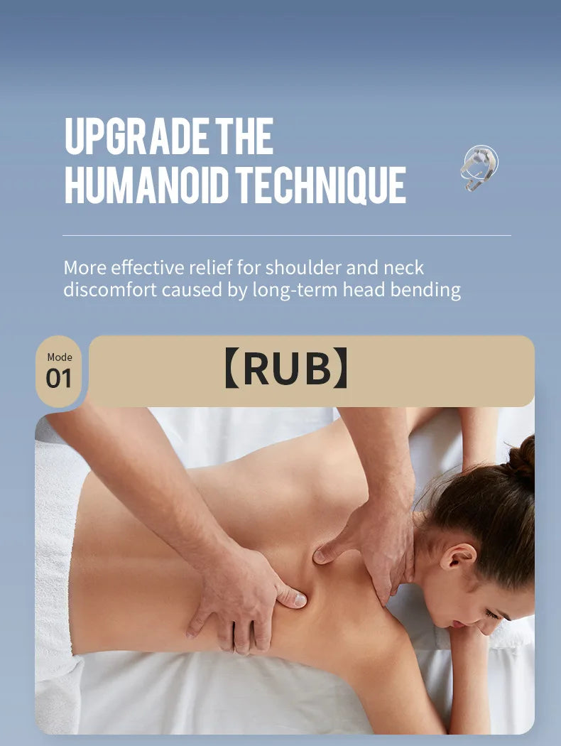 Person receiving a massage on a blue background with text about humanoid technique and shoulder/neck discomfort relief.