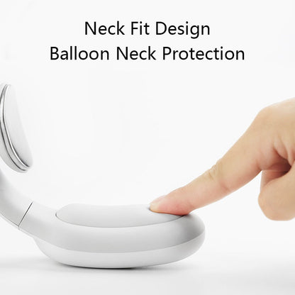 White neck pillow with a hand pressing it, labeled 'Neck Fit Design Balloon Neck Protection' on a white background.