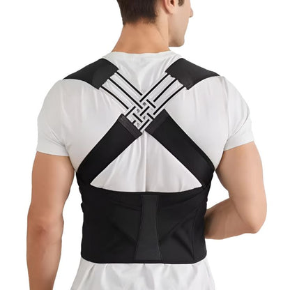 Person wearing a black posture corrector on a white background