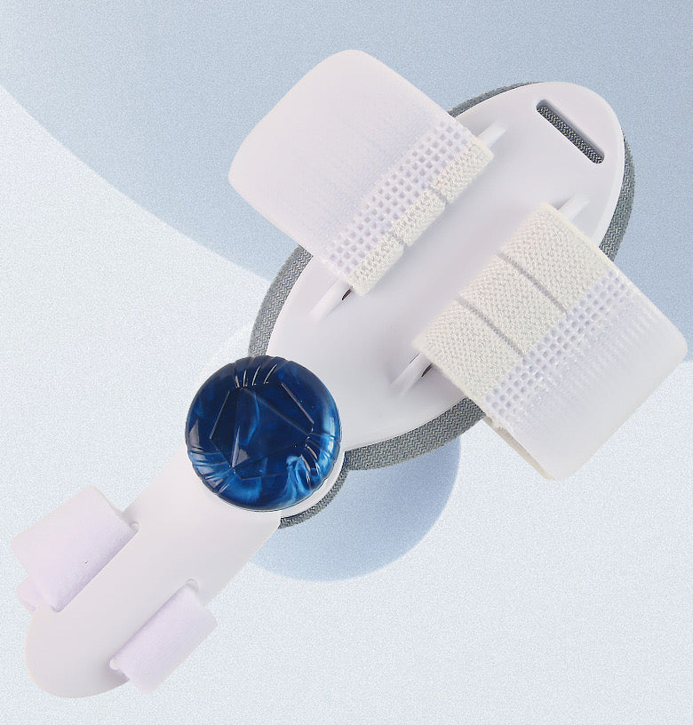 White electronic device with a blue circular component on a light blue background