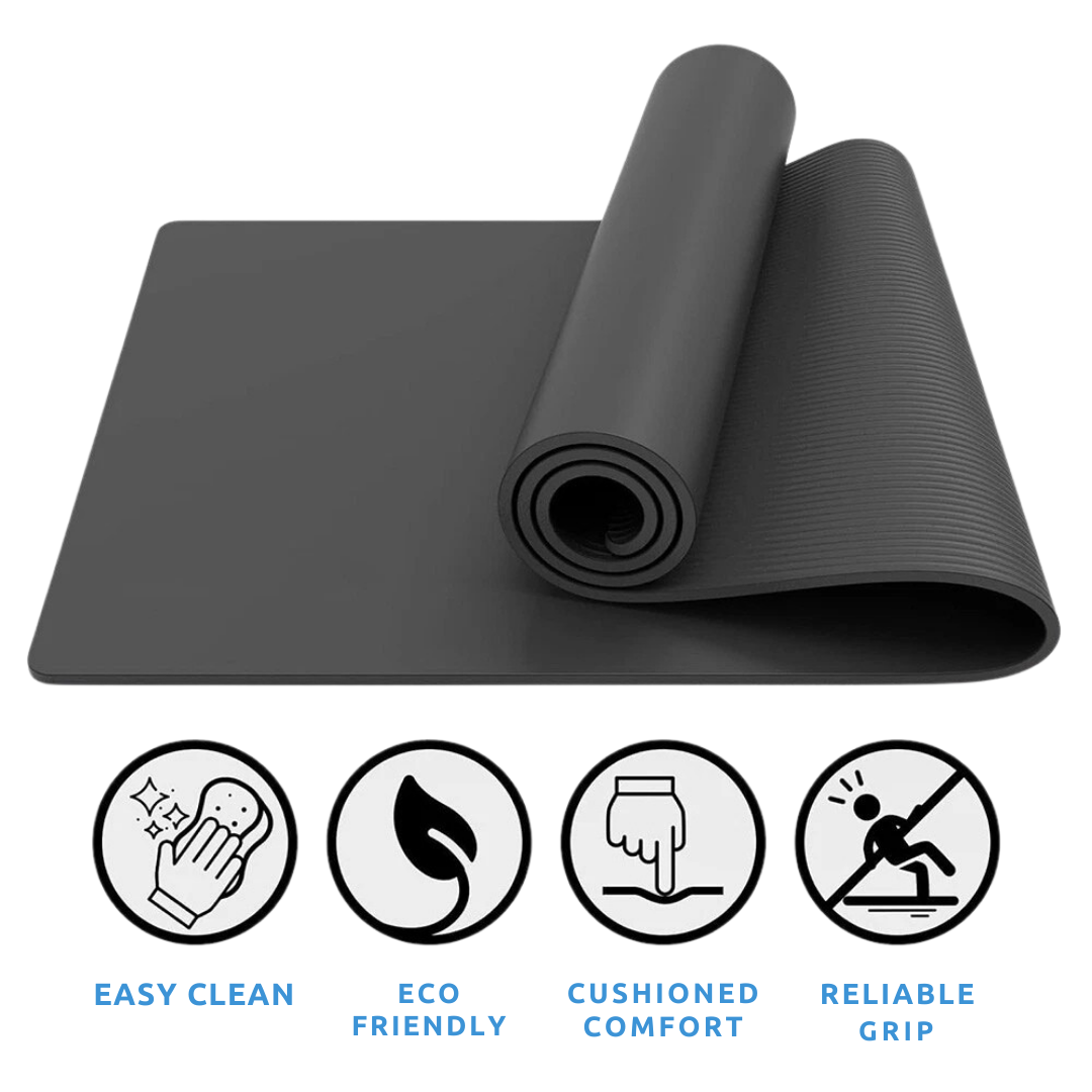 Black Best Non-Slip Yoga Mat with rolled-up version and icons indicating features on a white background