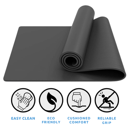 Black Best Non-Slip Yoga Mat with rolled-up version and icons indicating features on a white background