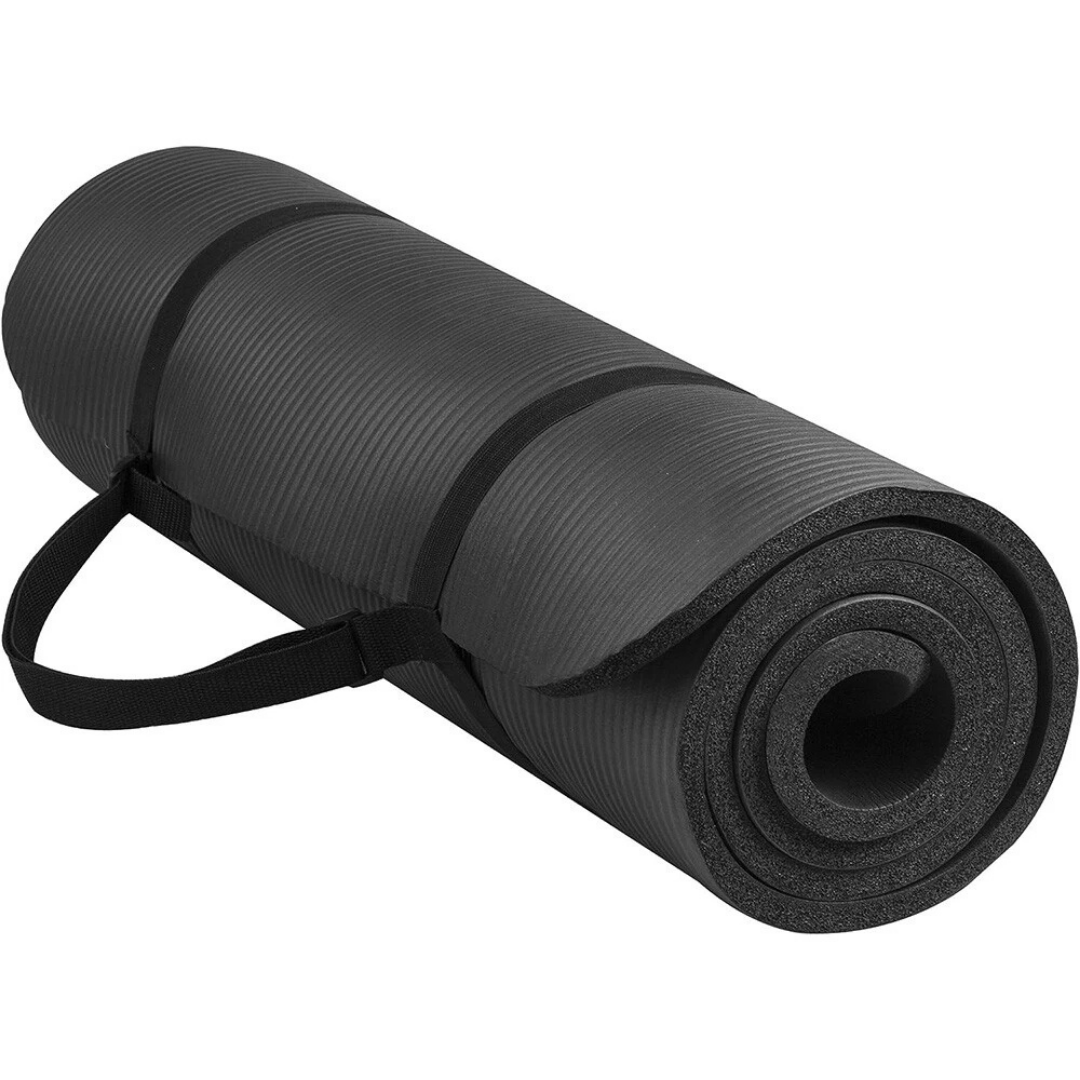 Black Best Non-Slip Yoga Mat with a carrying strap on a white background