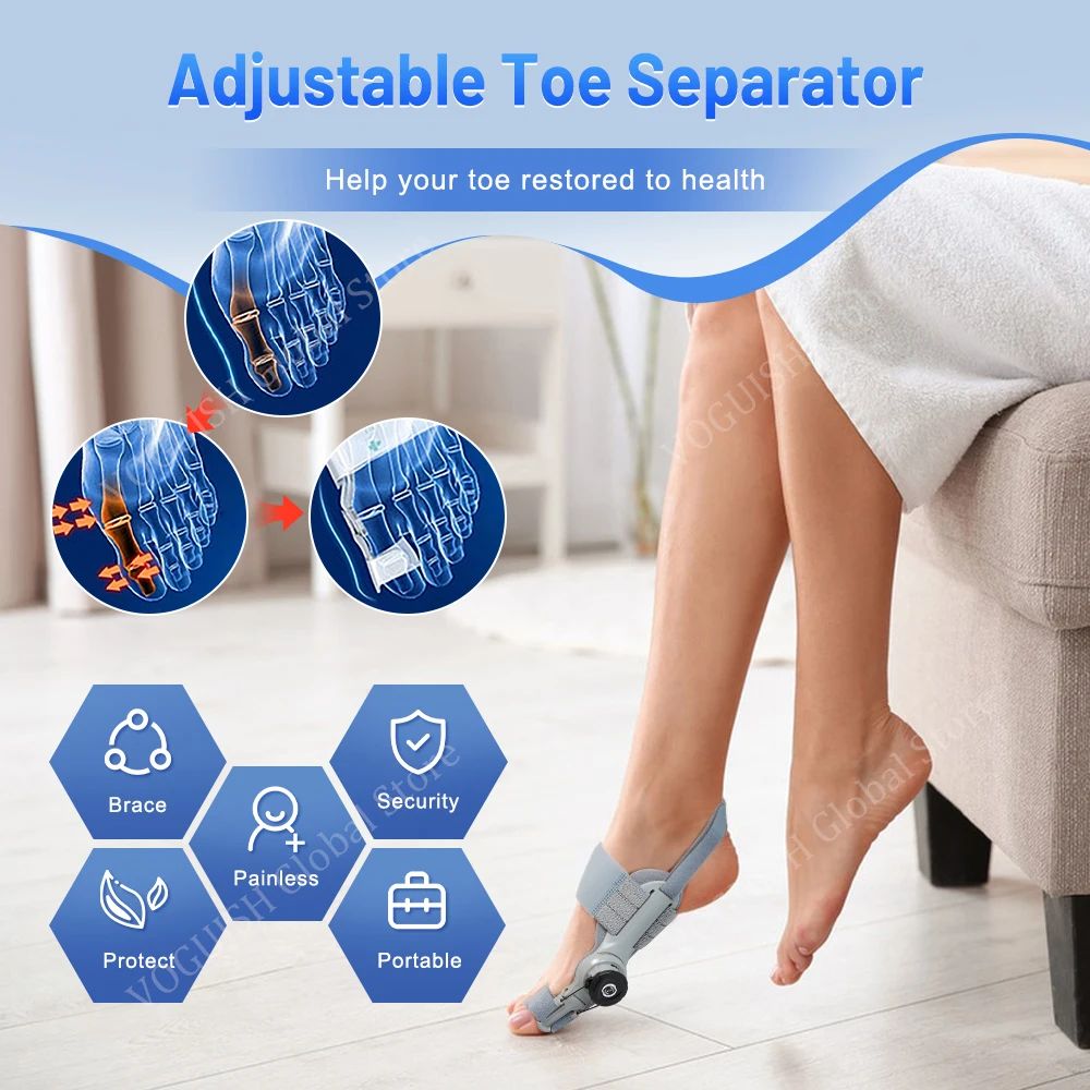 best bunion correctors​- Adjustable toe separator worn by a person with text and icons highlighting its features.