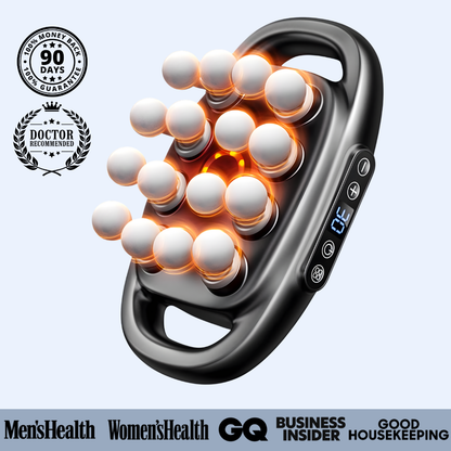 Massage device with glowing elements on a light gray background, featuring credibility badges from various health and lifestyle publications.